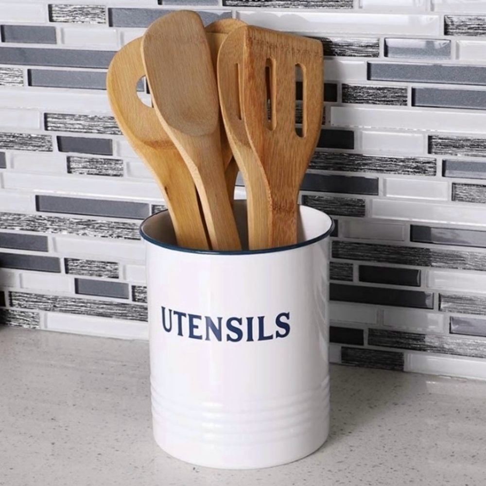 Utensil Holder Vintage Style Metal Freestanding 5 in x 5 in x 6 in White/Blue
